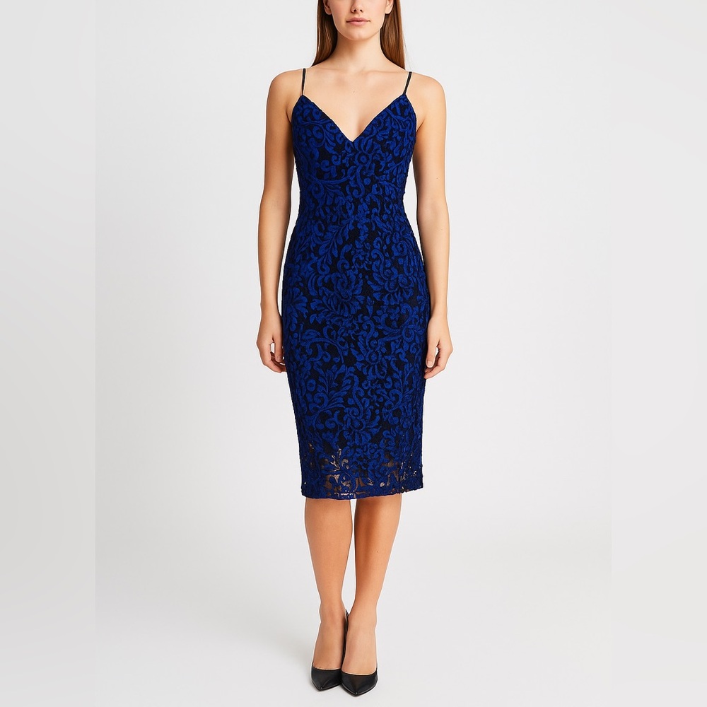BARDOT ROYAL BLUE AND BLACK LACE SPAGHETTI STRAP PENCIL DRESS SIZE SMALL